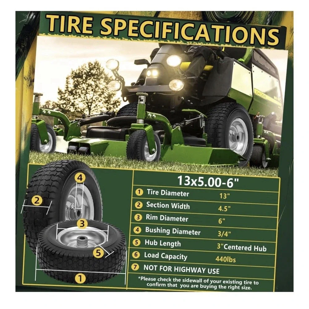 2 Pack 13X5.00-6 Flat Free Tire and Wheel Assembly, Solid Lawn Mower Front Tir